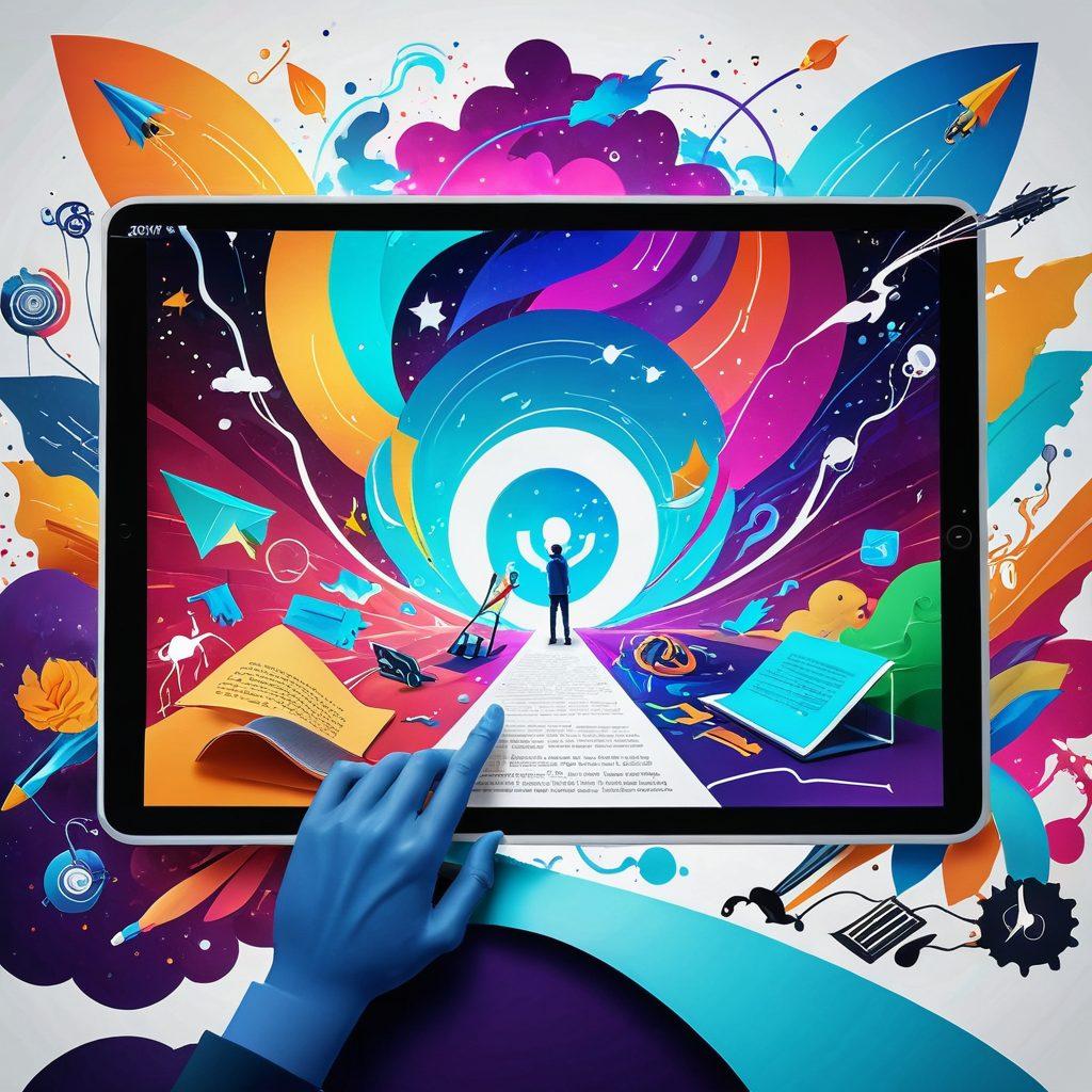 A captivating visual of a digital storyteller crafting vivid tales on a futuristic tablet, surrounded by swirling animations of characters and scenes coming to life. The background features a blend of vibrant colors representing creativity, with elements like books, writing tools, and digital icons. The overall atmosphere conveys innovation and inspiration, inviting readers into the world of digital content creation. super-realistic. vibrant colors. white background.