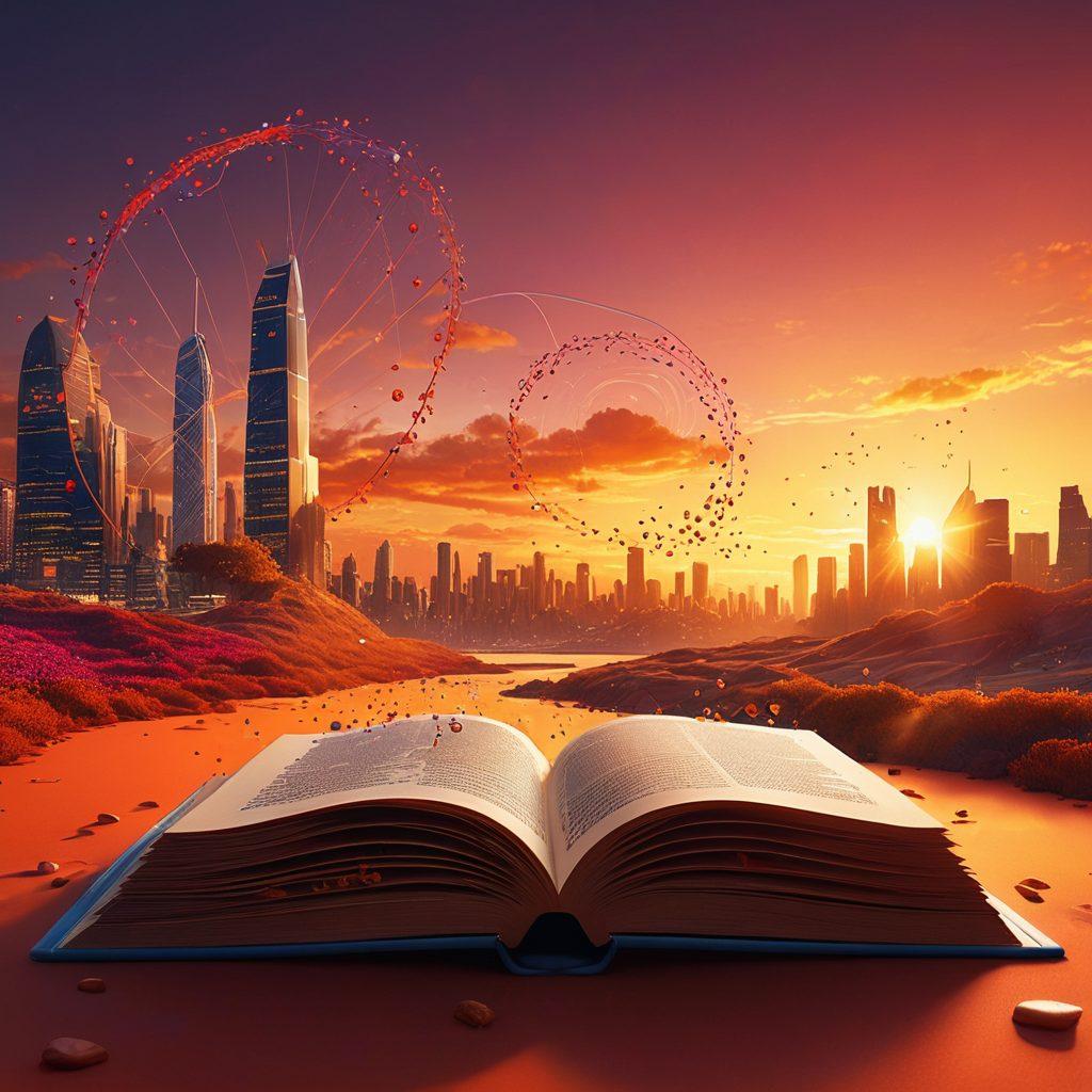 A captivating digital landscape featuring an open book with vibrant pages transforming into digital icons and social media symbols, representing storytelling in the Vadu Media Space. In the background, an ethereal cityscape symbolizes the connection between words and impact, with a glowing sunset to convey warmth and inspiration. The scene is infused with dynamic elements like flowing lines and connecting dots to illustrate strategy and engagement. super-realistic. vibrant colors. 3D.