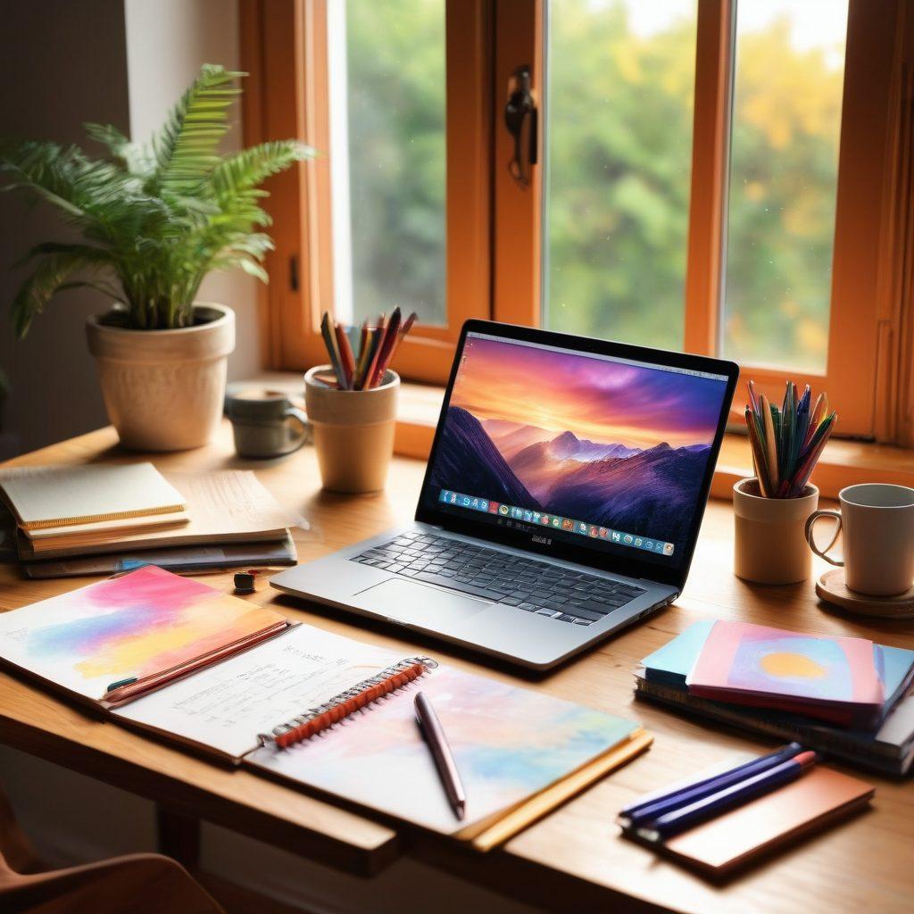 A cozy workspace featuring a laptop with a vibrant, eye-catching blog post on the screen. Around the laptop, there are colorful craft supplies like pens, papers, and a cup of coffee, symbolizing creativity. A warm sunlight streaming through a window, creating an inviting atmosphere that resonates with connection and engagement. Include a notepad with sketches and ideas scattered around, emphasizing the essence of content creation. 3D. vibrant colors. natural light.